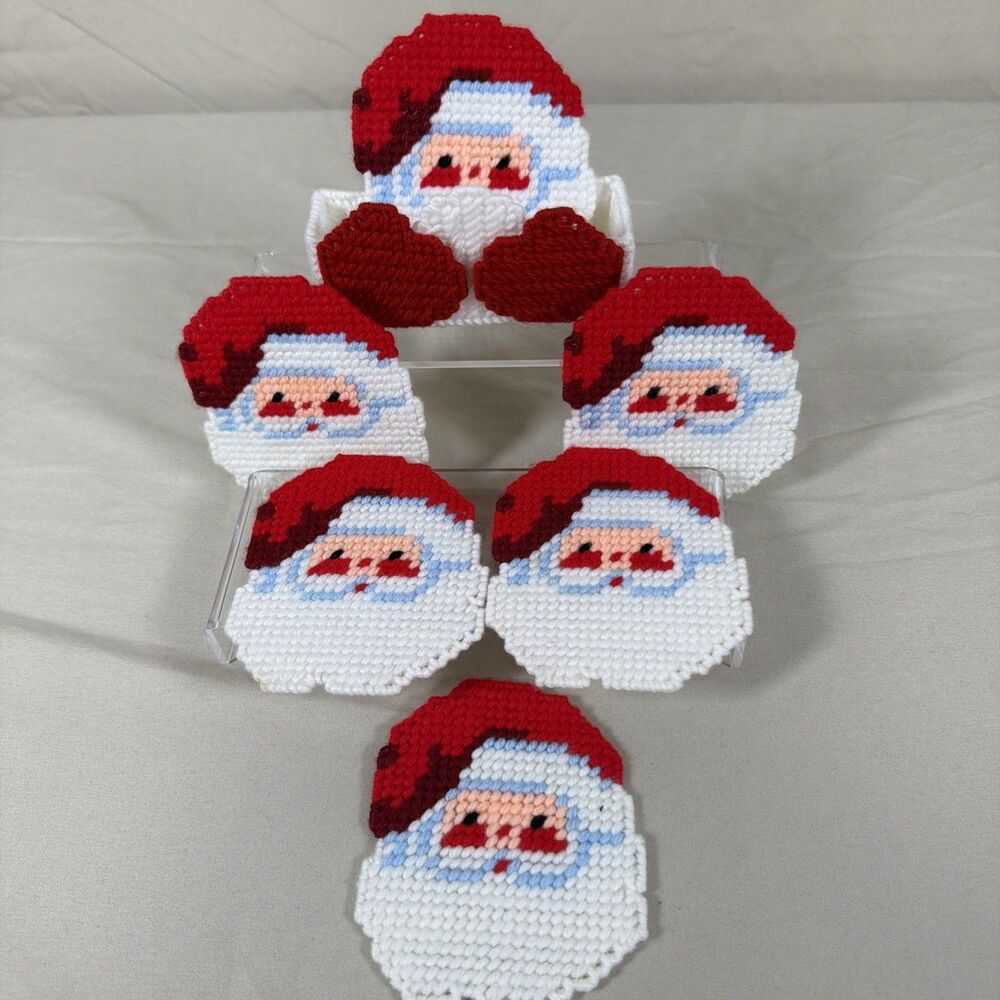 Handmade Santa Claus Plastic Coasters Set of 6 w/ Holder Christmas Decor